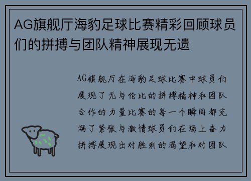 AG旗舰厅海豹足球比赛精彩回顾球员们的拼搏与团队精神展现无遗